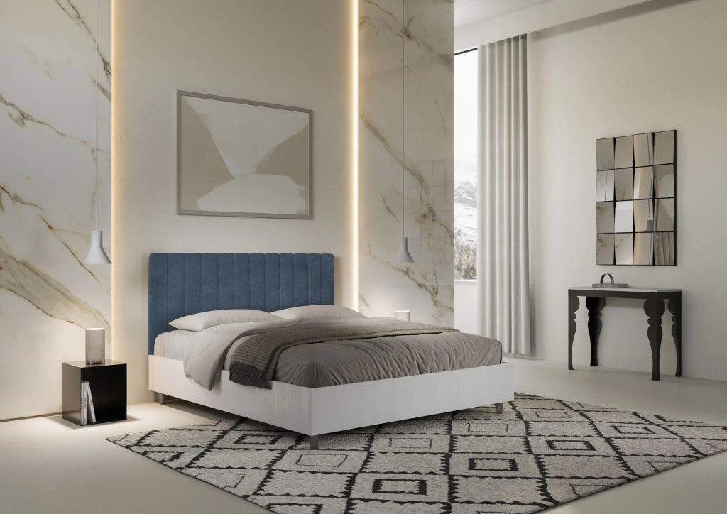 BS COM Letto matrimoniale contenitore 160x200 bianco frassino testata microfibra blu