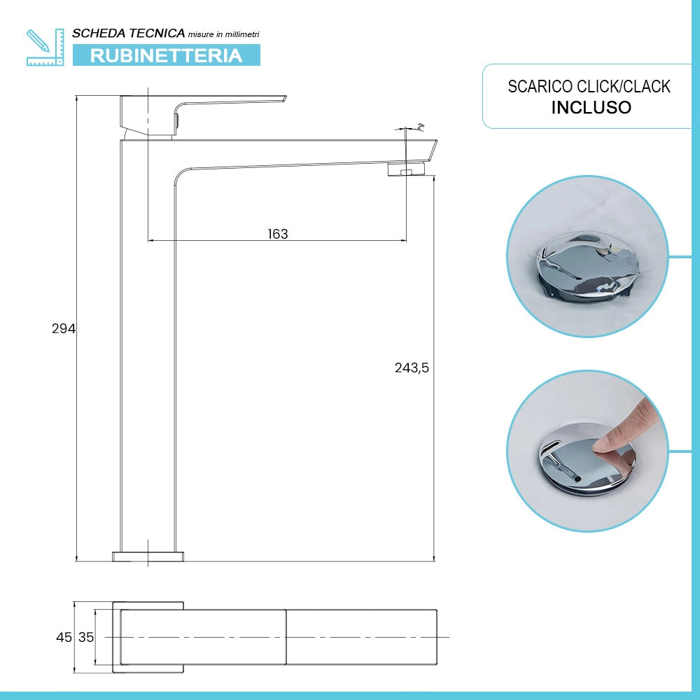 Set di rubinetti lavabo alto e bidet finitura cromo con piletta Kubo