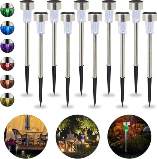 Set di lampadine solari da 10 - Cambio colore - Impermeabile per giardino, terrazza e balcone - Acciaio inox argento
