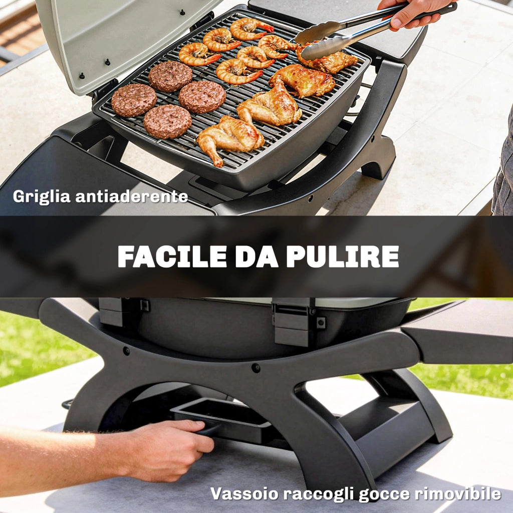 barbecue elettrico 2300W, portatile da tavolo con ripiani laterali, colore nero.