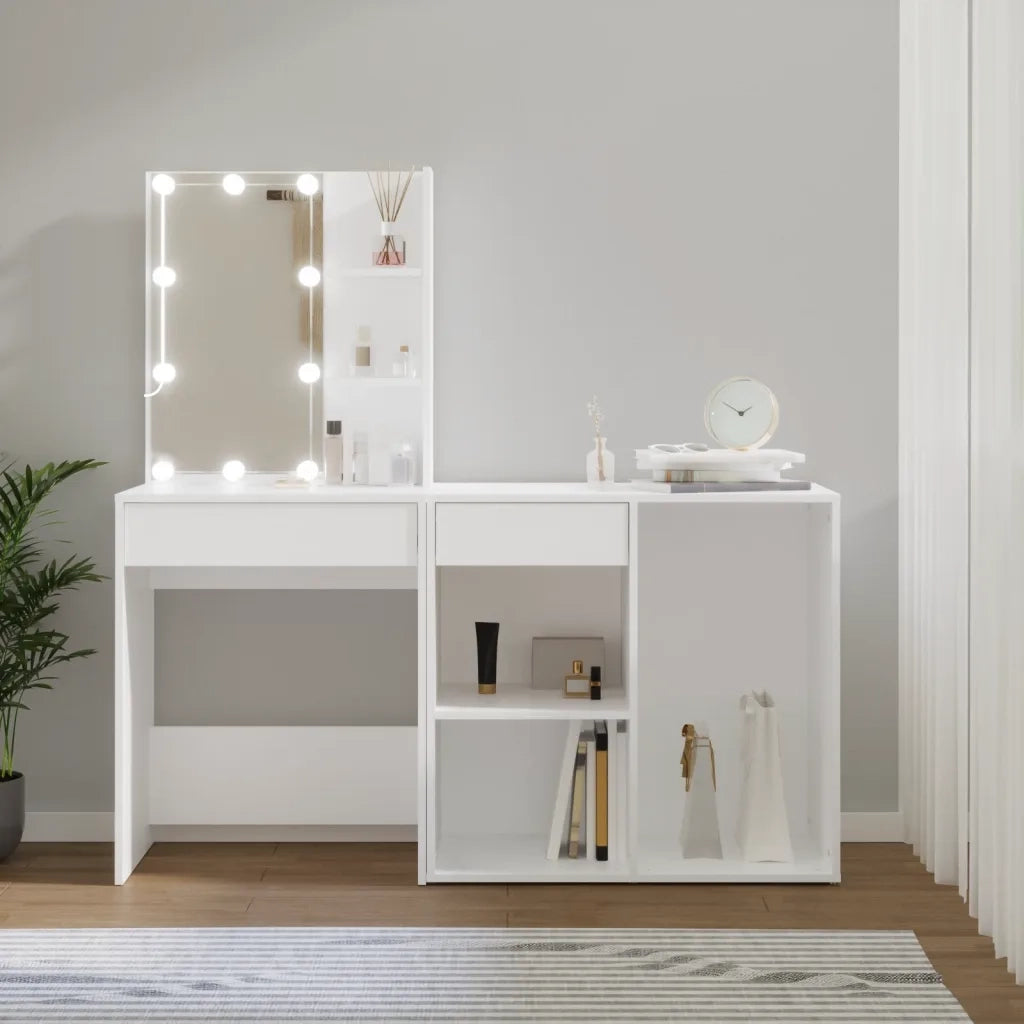 Toeletta | Tavolo da Trucco con LED e Armadietto Bianco in Legno Multistrato