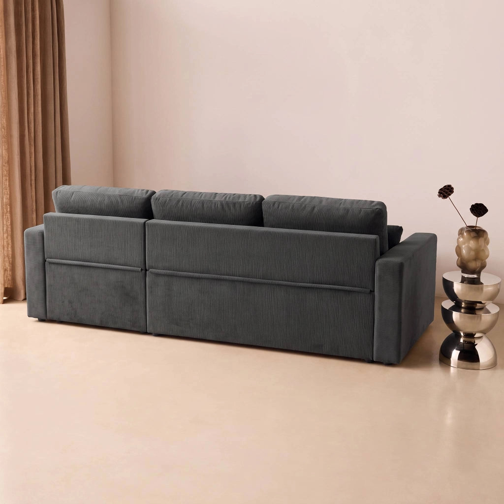 Divano letto angolare reversibile in velluto a coste, 3 posti, grigio