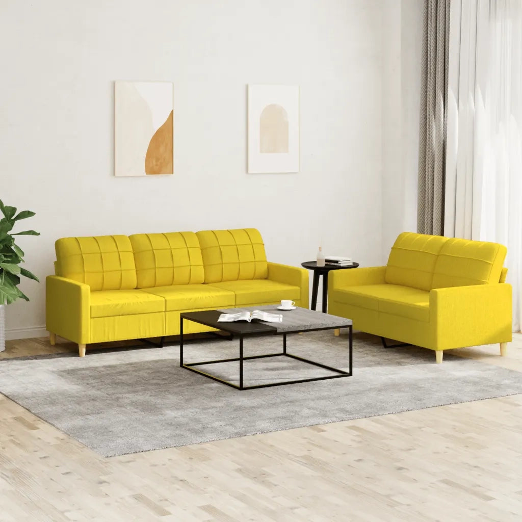 Set di Divani 2 pz con Cuscini Giallo Chiaro in Tessuto