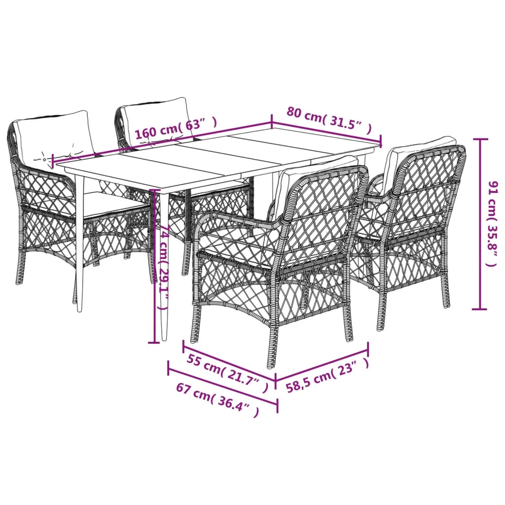Set da Pranzo da Giardino 5 pz Nero con Cuscini in Polyrattan