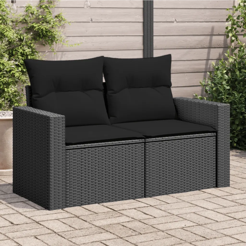 Divano da giardino con cuscini 2 Posti-Sofa da Giardino-Divano da esterno nero in polyrattan 407654