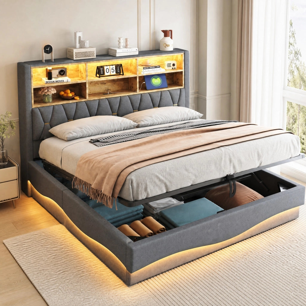 LETTO 180x200 cm con contenitore idraulico, LED APP e USB, Grigio