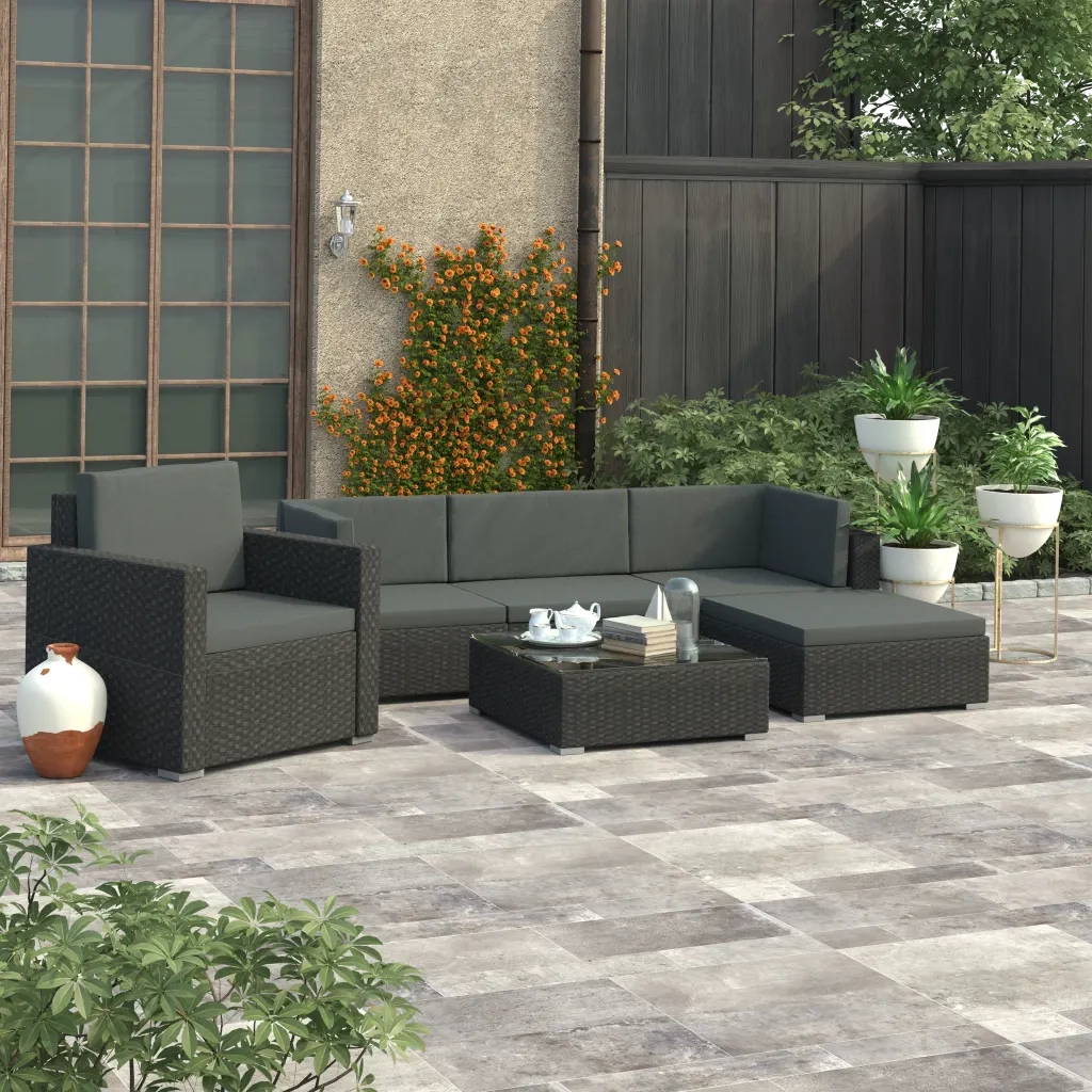 Set Divani da Giardino 6 pz con Cuscini in Polyrattan Nero 46754