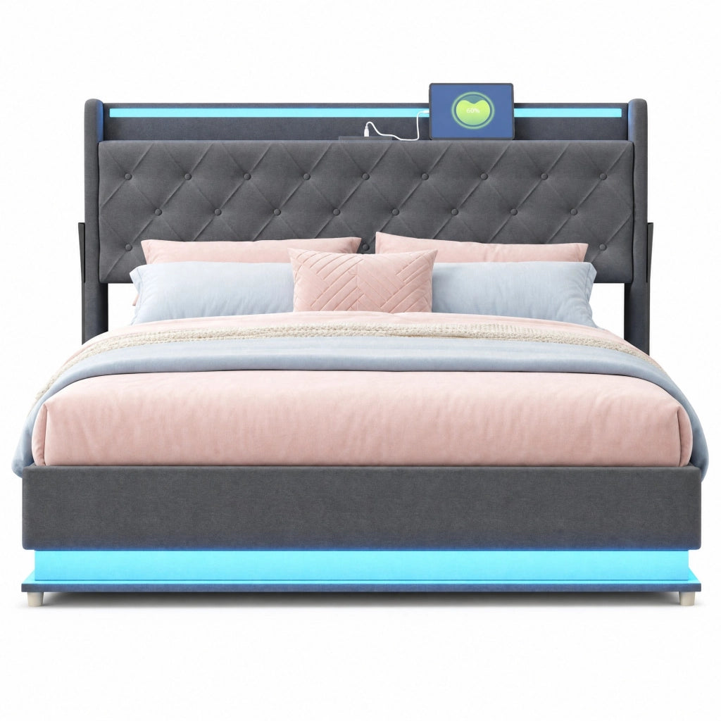 Letto matrimoniale imbottito 160x200 cm con LED; porta USB e contenitore idraulico; grigio