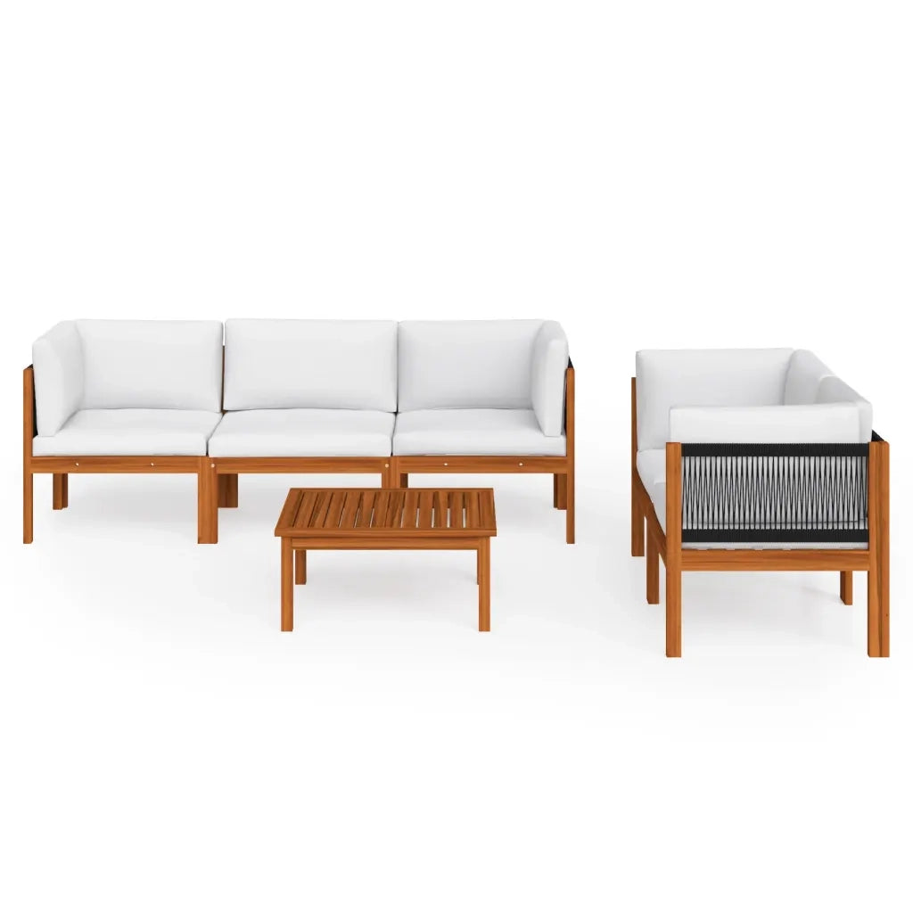 Set da giardino 6 pezzi con cuscini in legno crema, acacia e corda