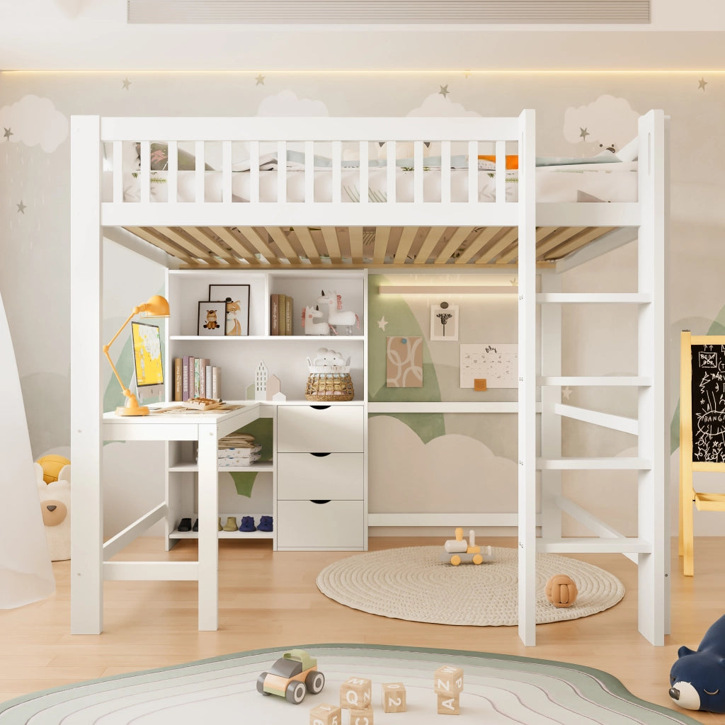 OKWISH Letto a soppalco 140×200 cm, Letto matrimoniale con Scrivania, 3 Cassetti, Mensole e Scala, senza Materasso, in Pino, Bianco
