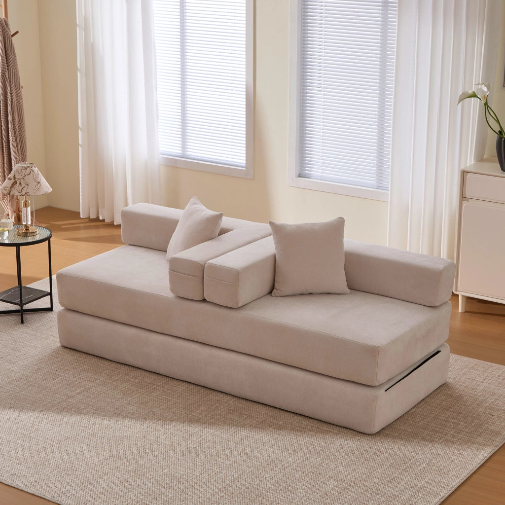 divano modulare in chenille con tasche laterali e base antiscivolo; beige