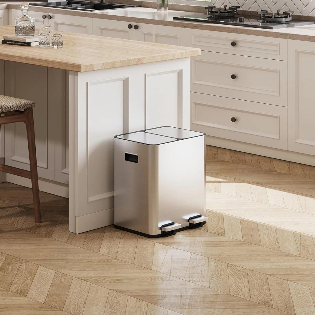 Bidone per rifiuti da cucina 30 litri a due camere ¨C zephmum ¨C in acciaio inossidabile con pedale