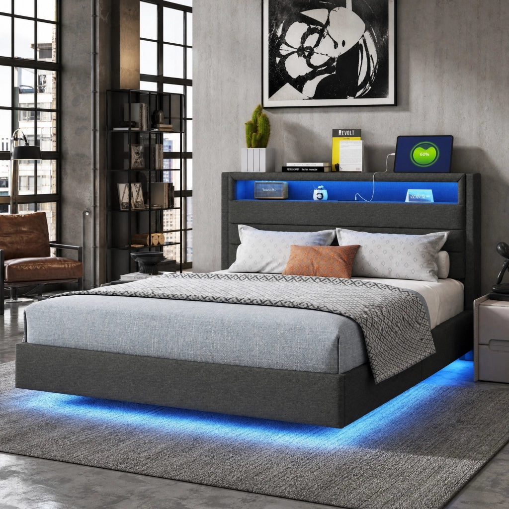LETTO Imbottito 140x200 cm Grigio con USB e LED, rete a doghe