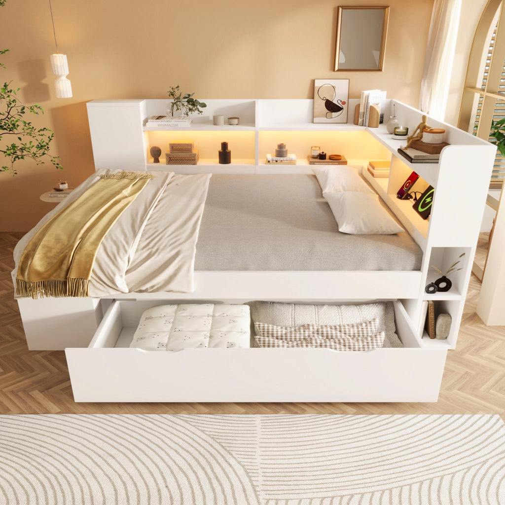 Letto divano 140 × 200 cm con LED, USB e Type-C, contenitore con cassetti, materasso incluso, bianco