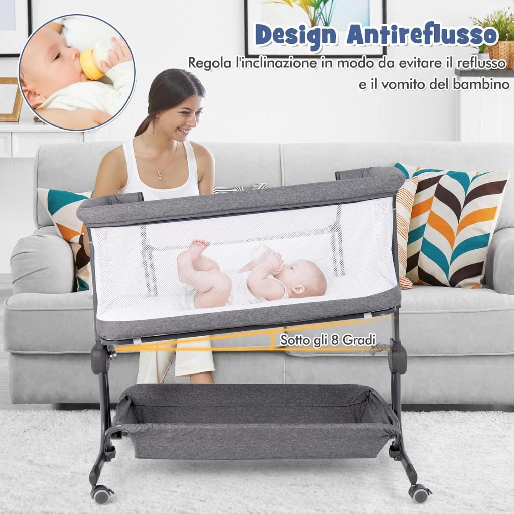 Culla Neonato con Matterasso, Culla Next to Me Piechevole con Altezza Regolabile a 6 Livelli, Lettino Bambino con Mensola Portaoggetti, Borsa da Trasporto, per Bambini 0-6 Mesi (Grigio Scuro)