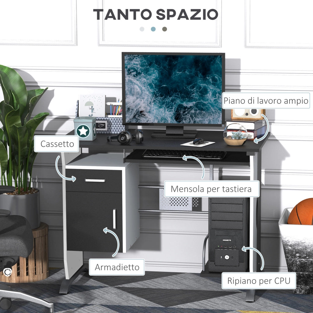 Scrivania per Computer con Ripiano, Cassetto e Armadietto ¨C Minimal ¨C Bianca e Nera, MDF e Ferro, 100x52x75 cm