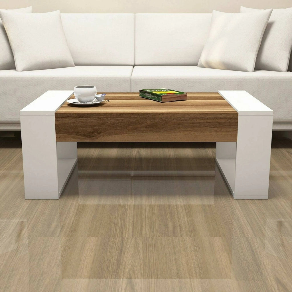 Tavolino da salotto Kaffa, Tavolo basso da caffè, Portariviste per divano, Ripiano da soggiorno, 102x60h38 cm, Noce e Bianco
