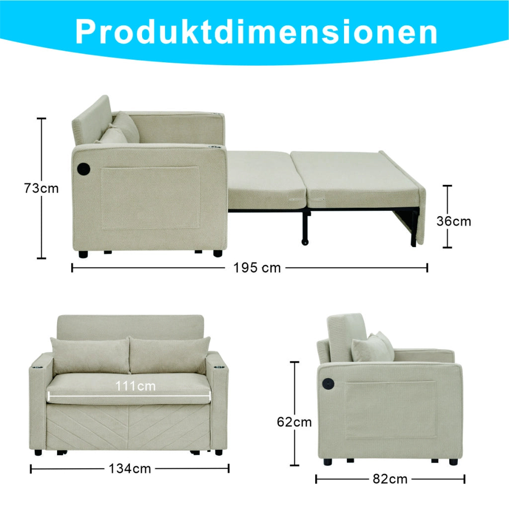 Divano Letto 2 Posti con USB ¨C Xylo ¨C Beige, Trasformabile