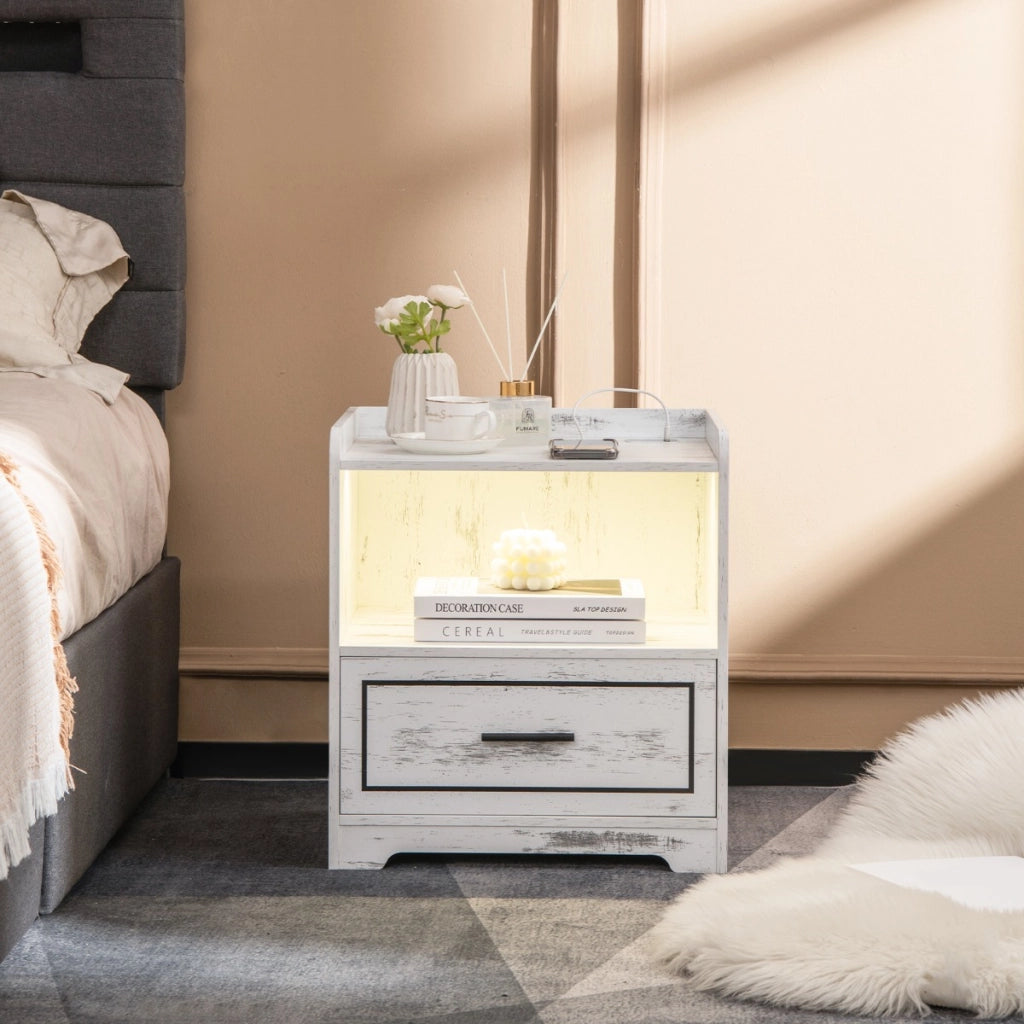 Comodino a LED con 2 porte USB ripiano aperto e cassetto, Tavolino vintage da divano Bianco