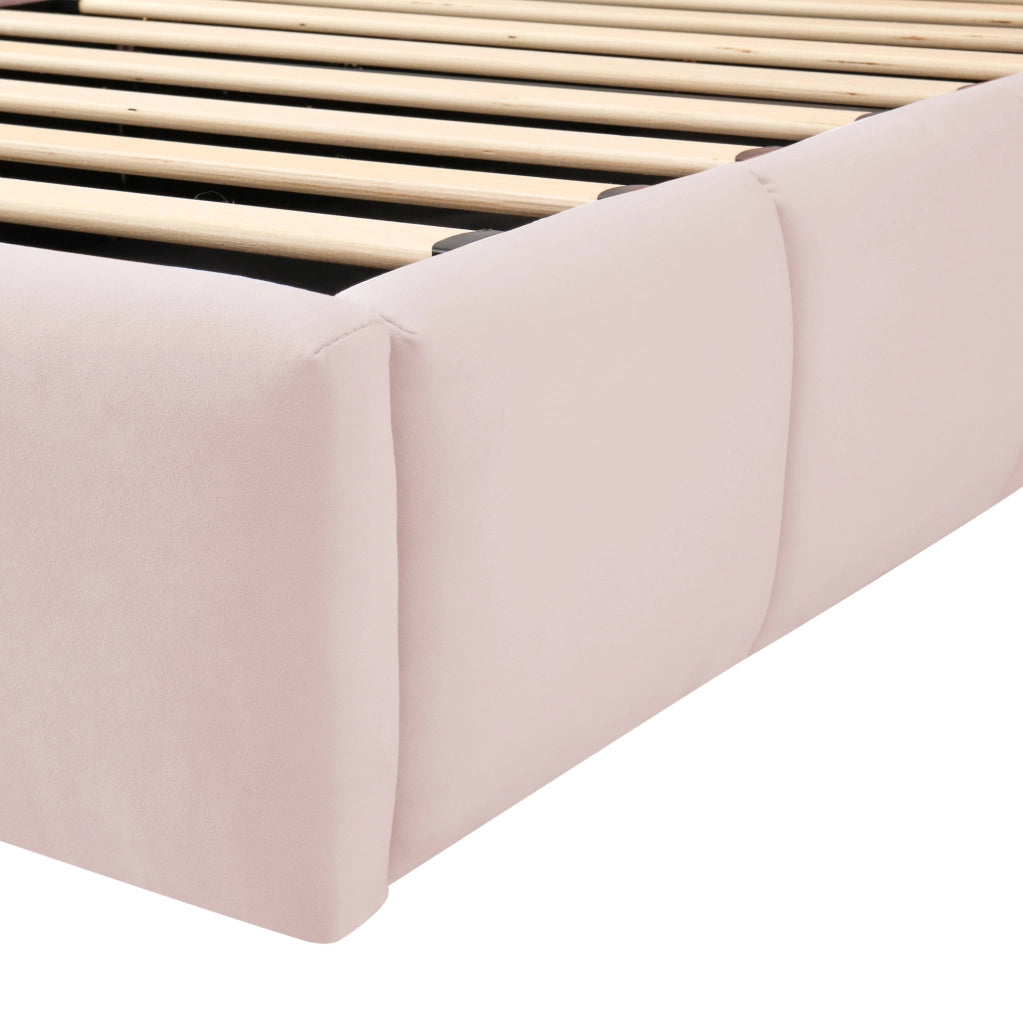 Letto singolo 90x200 cm con contenitore; rete a doghe e USB C; velluto rosa