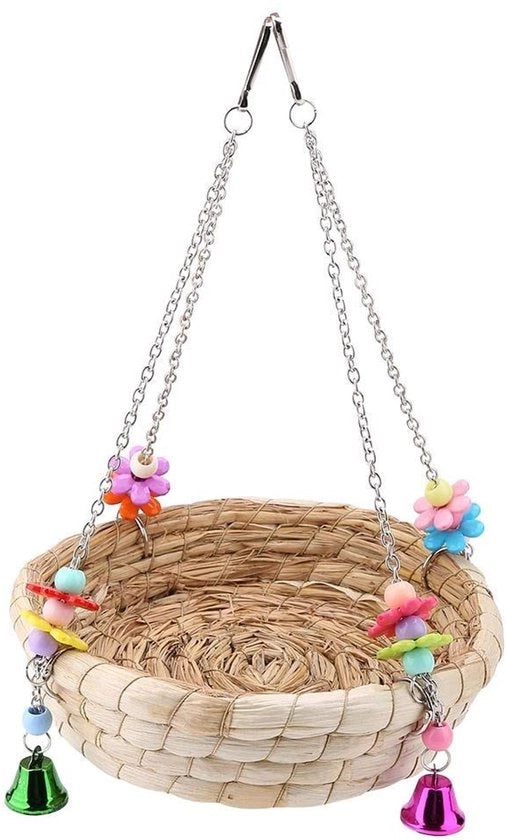 Giocattolo per Uccelli Schiaccianoci con 4 Campane - Giocattolo per Uccelli - Fatto a Mano con Fibra di Stro - Resistente al Mordicamento - Colorato - 21,5 cm di Diametro - Giocattolo per Uccelli