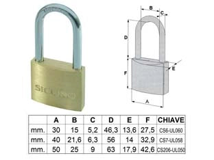 LUCCHETTO OTTONE ARCO LUNGO- - mm.50 - 2 pezzi QUALITY