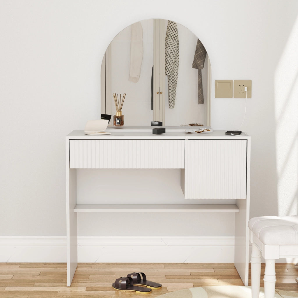 SCHMINKTISCH con specchio curvo, 2 cassetti, MDF bianco
