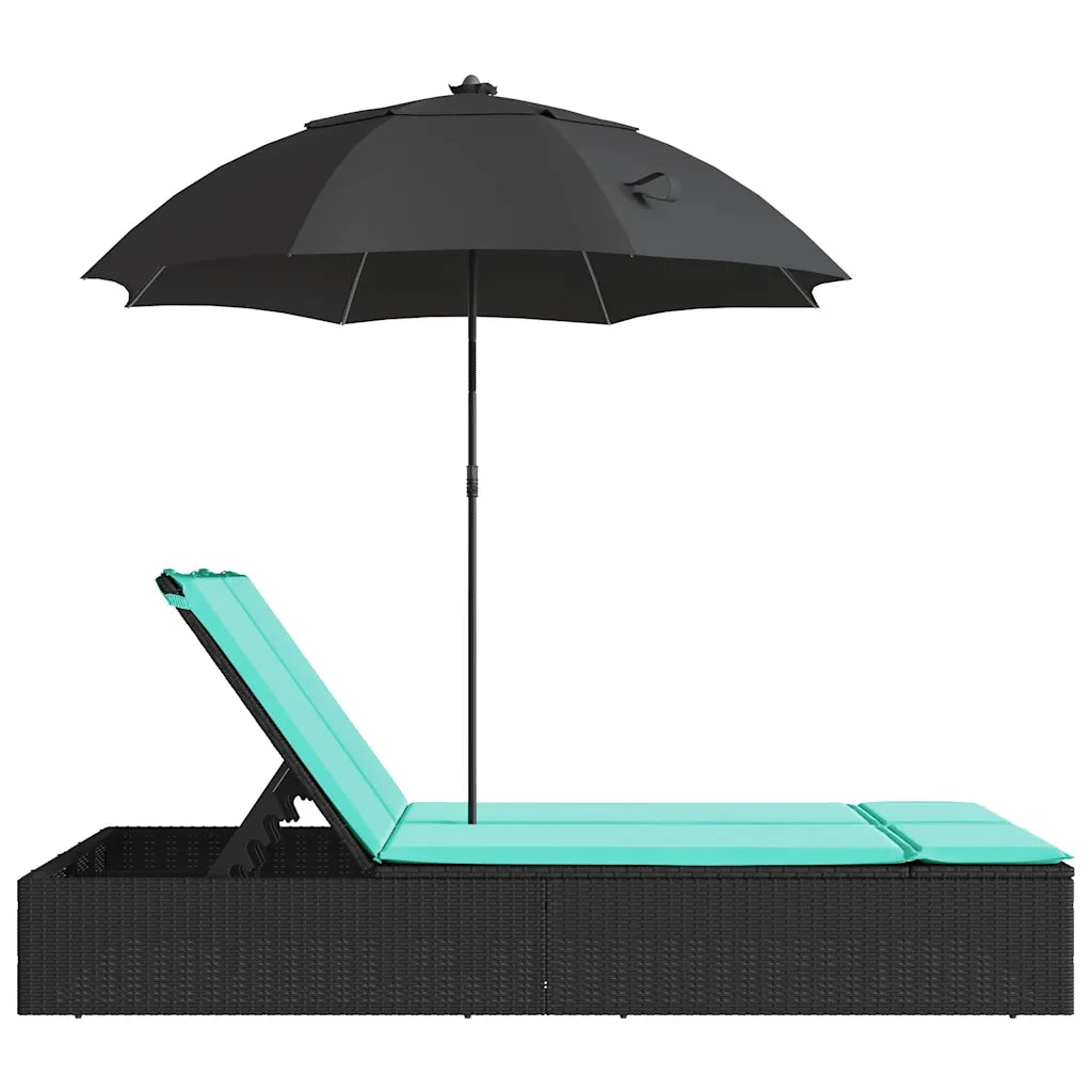 Lettino Prendisole Doppio Cuscini e Parasole Nero in Polyrattan 368089