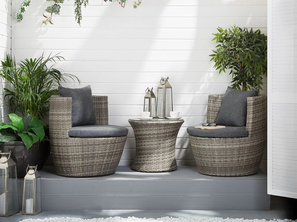Set da bistrot da giardino in 3 pezzi grigio finto rattan con cuscini impilabili per esterno moderno