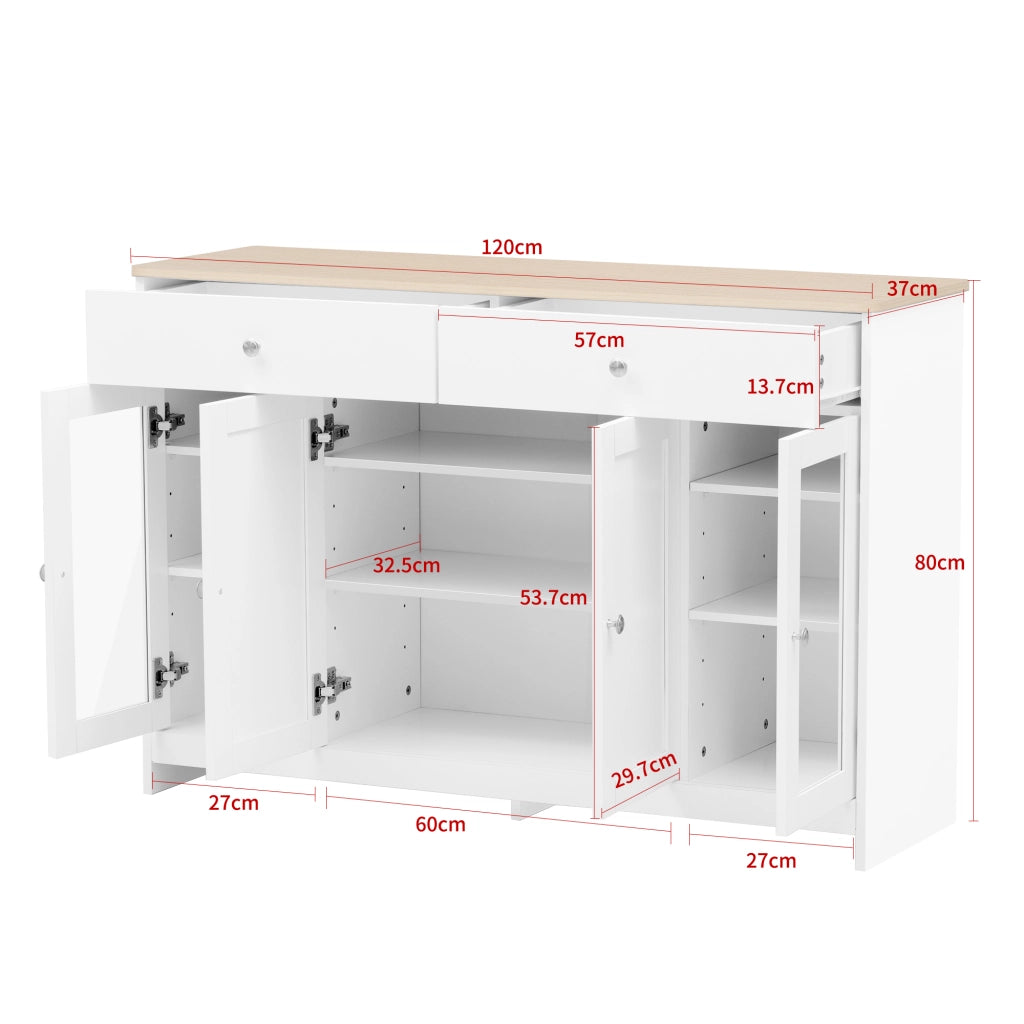 Credenza 4 Ante con Vetro e 2 Cassetti ¨C MINIMAL ¨C Legno e Bianco