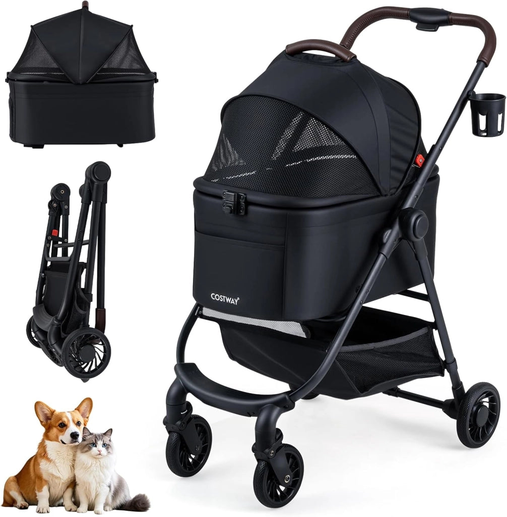 3-in-1 Passeggino per Cani, Carrozzina per Cani Rimovibile Fino a 15 kg con Tetto in Rete Regolabile, Cesto Portaoggetti e Cintura di Sicurezza, Passeggino Portatile per Cagnolino (Nero)