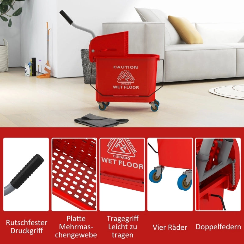 Secchio per mocio da 20 litri con strizzatore e manico, secchio per mocio su ruote, in plastica, rosso