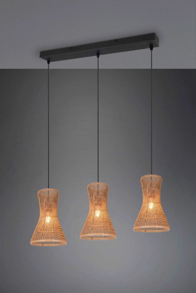 Lampada a sospensione 3 diffusori, fibre naturali, L 75 cm, Bijou