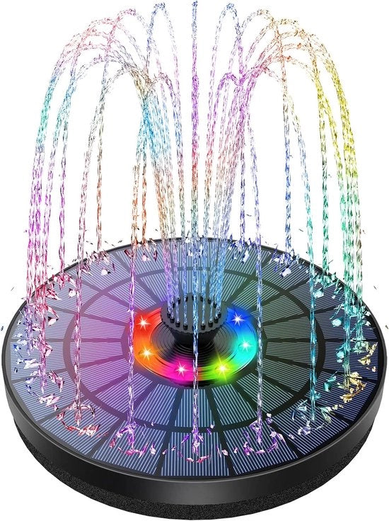 Pompa a fonte con LED alimentata da energia solare - 5,5 W - backup a batterie - pompa a fonte galleggiante con 7 getti per vasca per uccelli, giardino, acquario, terrazza