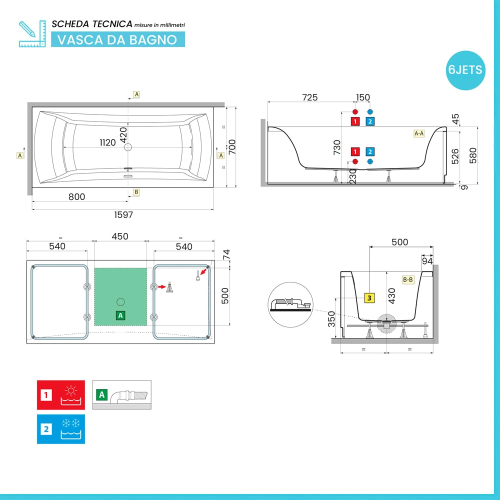 Vasca da bagno idromassaggio 160x70 a 6 JET bianco lucido con cuscino antibatterico Ypsilon