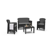 Salottino da esterno Debois, Set da giardino con 2 poltrone, 1 divano ed 1 tavolino, Salottino effetto rattan con cuscini, 100% Made in Italy, Antracite
