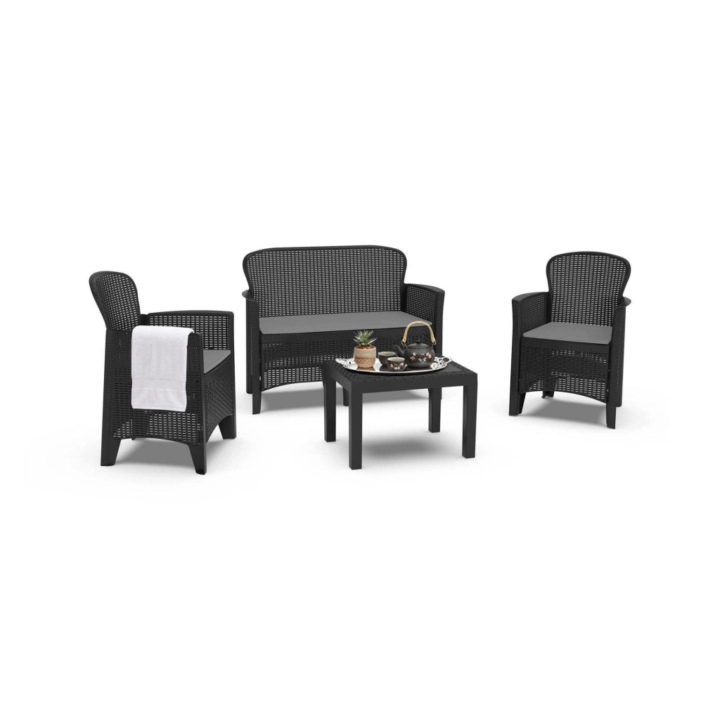 Salottino da esterno Debois, Set da giardino con 2 poltrone, 1 divano ed 1 tavolino, Salottino effetto rattan con cuscini, 100% Made in Italy, Antracite