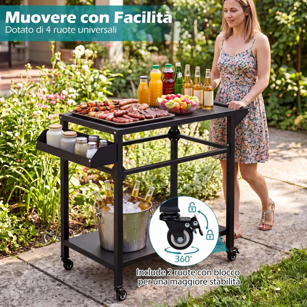 Carrello per Barbecue con 4 Ruote, Carrello Cucina da Esterno per BBQ in Metallo con Portaspezie, Portasciugamani e Ripiano Portaoggetti Inferiore, per Giardino e Terrazza, 100 x 80 x 45 cm