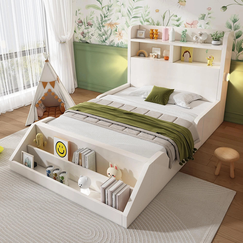 Letto legno-Xylo-90x200cm ripiani luci biblioteca bianco senza materasso