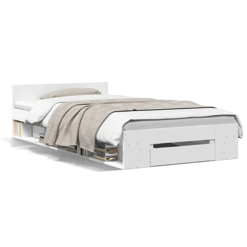 Letto singolo | Letto per adulti | Giroletto con Cassetto Bianco 90x200 cm in Legno Multistrato