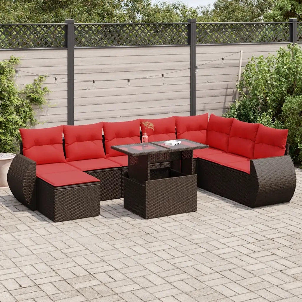 Set Divani Giardino 9 pz con Cuscini Polyrattan Marrone Acacia 3326695