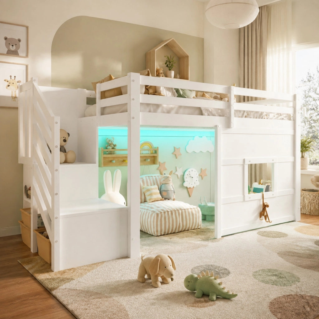 Letto a soppalco 90x200 cm bianco con scala contenitore, finestra e LED