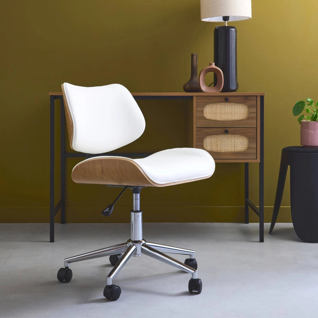 Sedia da ufficio con rotelle, effetto legno curvato e similpelle,