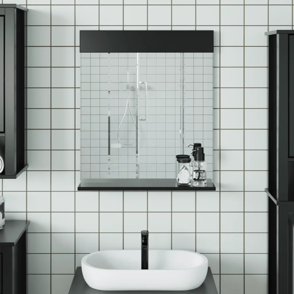 Specchio Bagno e Ripiano BERG Nero 60x12x70 cm Legno Massello