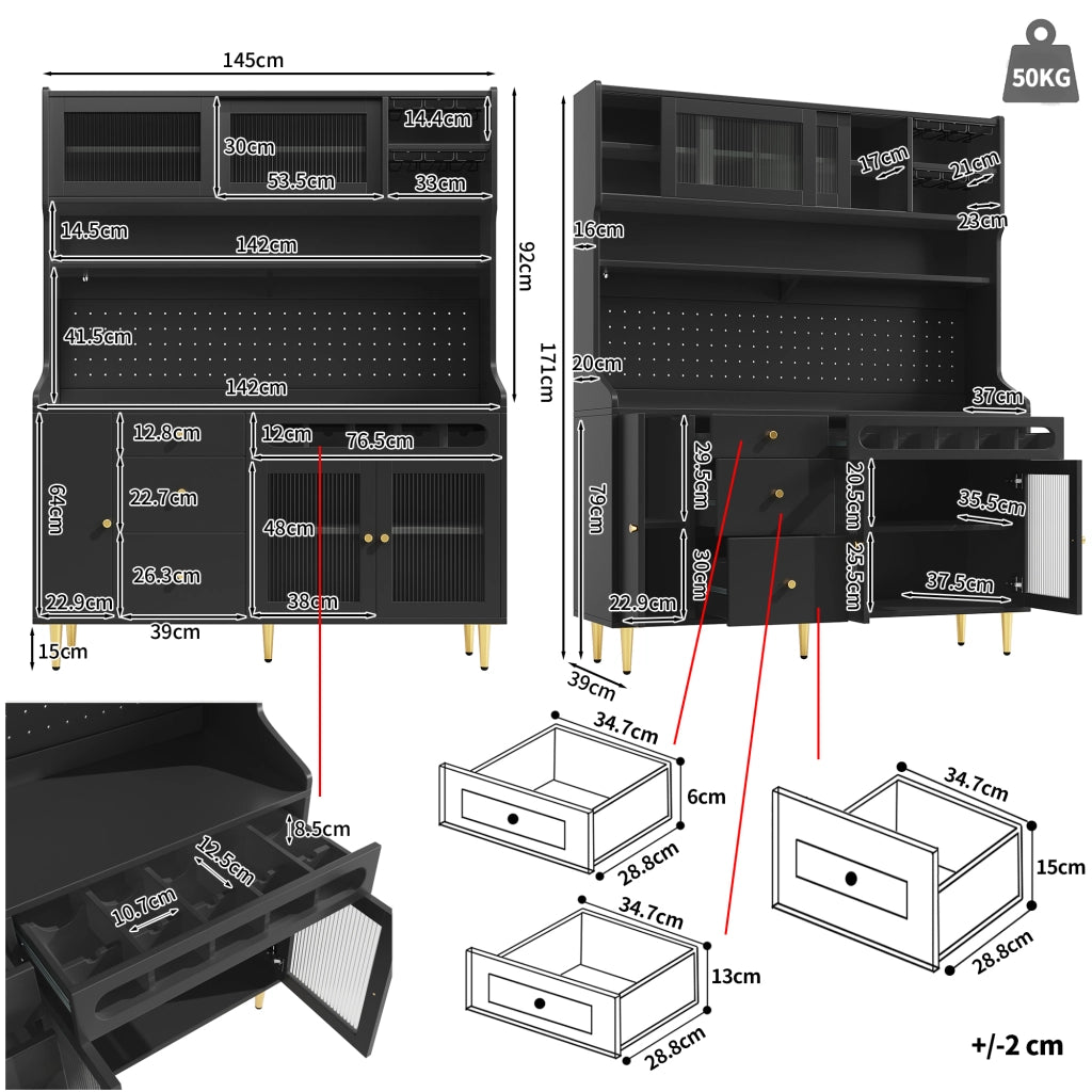 Credenza Alta con Ante Scorrevoli; Cassetto; Ripiani Regolabili e LED; per Cucina o Soggiorno; 145 x 39 x 171 cm; Nero