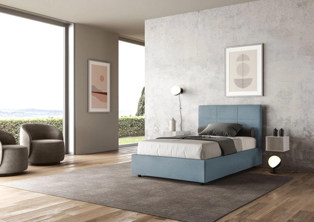 Letto 1 Piazza e Mezzo 120x190 cm con Rete e Contenitore Mika Azzurro