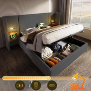 Letto matrimoniale 160x200 cm - Xylo - Grigio con comodini e lampada USB-C