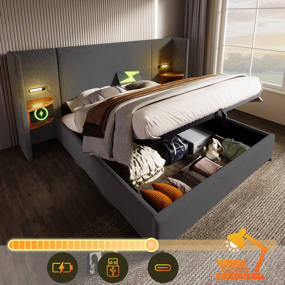 Letto matrimoniale 160x200 cm - Xylo - Grigio con comodini e lampada USB-C