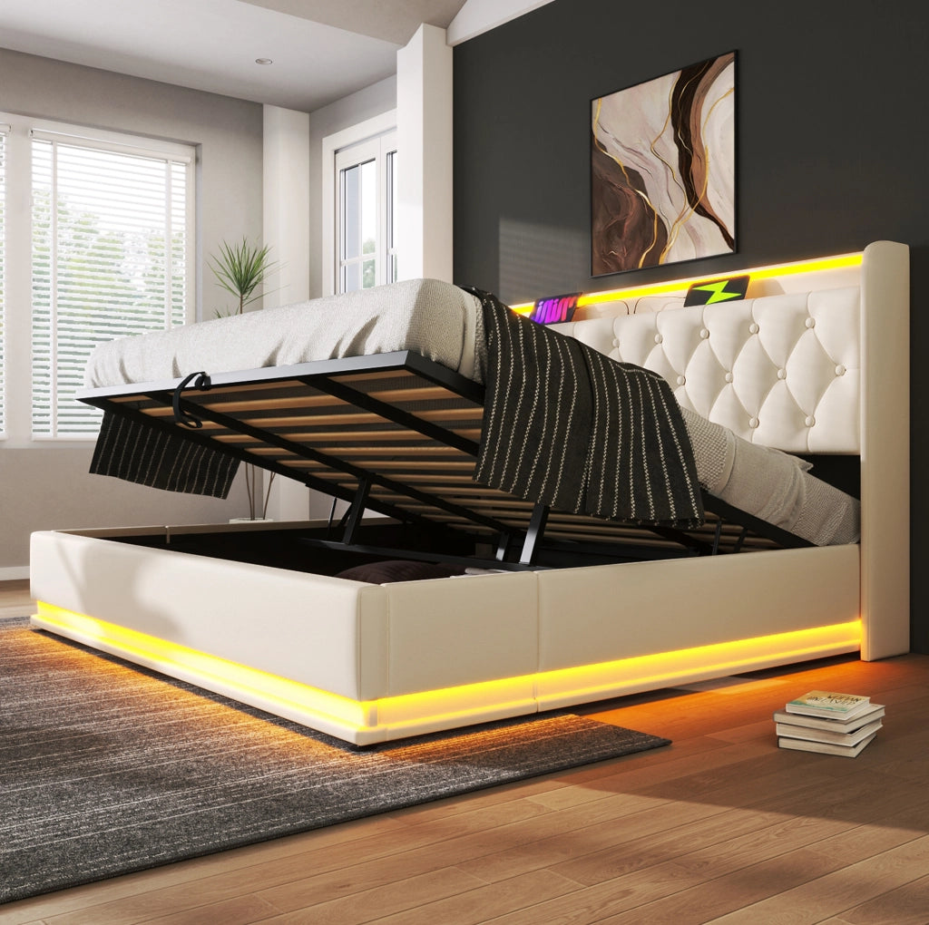 Letto matrimoniale 180x200 cm con contenitore; LED e porte USB e USB C; similpelle bianca
