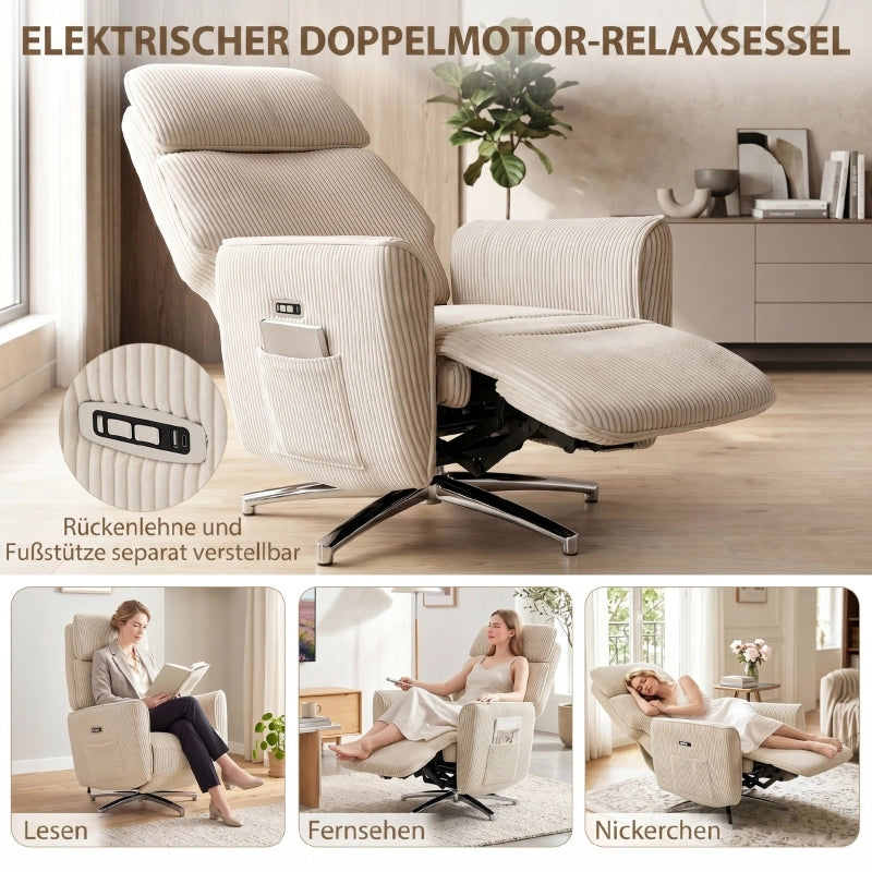 Poltrona TV reclinabile elettricamente con funzione reclinabile, 2 motori, girevole e con porta USB.